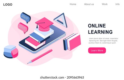 Modern 3d isometric concept of Online Education for banner website. Realistic landing page template vector illustration online learning, internet course, remote, tutorial on mobile phone application.