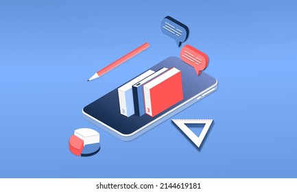 Moderno concepto 3d isométrico de Educación en línea para sitio web de banners. Plantilla de página ilustración vectorial de aprendizaje en línea, curso de internet, remoto, tutorial en aplicaciones de laptop o teléfono móvil.