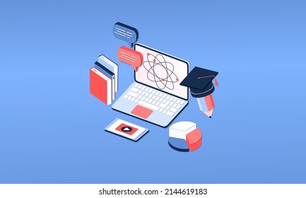 Modern 3d isometric concept of Online Education for banner website. Page template vector illustration of online learning, internet course, remote, tutorial on laptop or mobile phone application.
