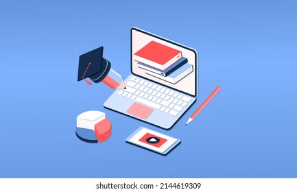 Modern 3d isometric concept of Online Education for banner website. Page template vector illustration of online learning, internet course, remote, tutorial on laptop or mobile phone application.