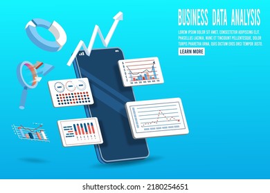 Modernes 3D-Isometrie-Design-Konzept der Datenanalyse mit Geschäftsleuten, die mit der Datenvisualisierung für Website und mobile Website arbeiten. Vektorgrafik eps10
