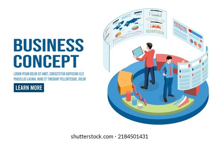 Modern 3d isometric design concept of Data Analysis with business people team working with Data Visualization for website and mobile website. Vector Illustration eps10