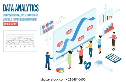 Modern 3d isometric design concept of Data Analysis with business people team working with Data Visualization for website and mobile website. Vector Illustration eps10