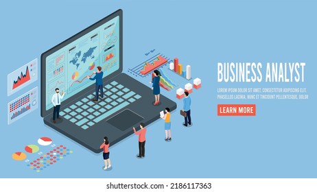 Modern 3d isometric design concept of Business Analysis with business people team working with Data Visualization for website and mobile website. Vector Illustration eps10