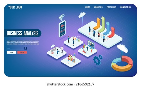 Concepto moderno de diseño isométrico 3d de Análisis de negocio con equipo de gente de negocios que trabaja con Data Visualization para sitio web y sitio web móvil. Pasos de ilustración vectorial10