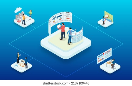 Concepto moderno de diseño isométrico 3d de análisis de datos con equipo de gente de negocios que trabaja con Data Visualization para sitio web y sitio web móvil. Pasos de ilustración vectorial10