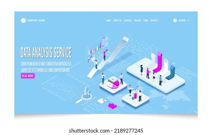 Modern 3d isometric design concept of Data Analysis services with business people team working with Data Visualization for website and mobile website. Vector Illustration eps10