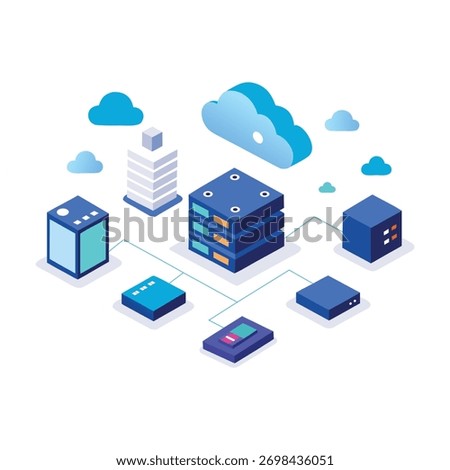 Modern 3D isometric design showcasing cloud computing, data servers, and wireless networks. Perfect for illustrating IT infrastructure and tech solutions.