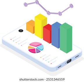 Eine moderne isometrische 3D-Illustration, die ein mobiles Gerät mit lebendigen Balkendiagrammen, Tortendiagrammen und einem Liniendiagramm darstellt. Perfekt für die Darstellung von Analysen, Geschäftsberichten, Finanzdaten und mobilen Apps