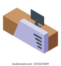 Ilustración de escritorio de oficina isométrica 3d moderna con monitor de computadora y muebles de espacio de trabajo con estilo en una configuración minimalista, que muestra un entorno de trabajo contemporáneo y profesional
