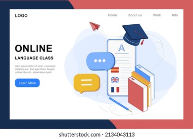 Modern 3D isometric of online languages learning, language courses banner template for website and mobile development. Literal translation, personal assistant, e-learning concept. Vector illustration.