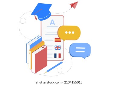 Modernes 3D-Isometrium für das Lernen von Online-Sprachen, Sprachkursen, Bannervorlage für Website und mobile Entwicklung. Literale Übersetzung, persönliche Assistentin, e-Learning Konzept. Vektorgrafik.