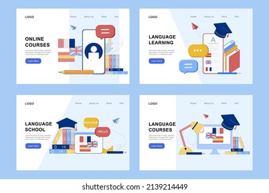 Modern 3D isometric of online languages learning, language courses banner template for web and mobile development. Literal translation, personal assistant, e-learning concept. Vector illustration set.