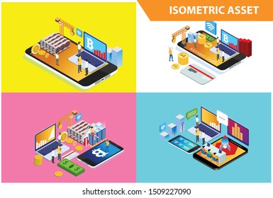 Modern 3d Isometric Set collection  Smart Mining Bitcoin online Technology Illustration in White Isolated Background With People and Digital Related Asset