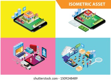 Modern 3d Isometric Set collection  Smart Fast Food Technology Illustration in White Isolated Background With People and Digital Related Asset