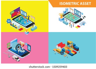 Modern 3d Isometric Set collection  Smart Online Live Soccer Technology Illustration in White Isolated Background With People and Digital Related Asset