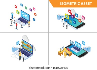 Modern 3d Isometric Set collection  Smart Promotion Online Technology Illustration in White Isolated Background With People and Digital Related Asset