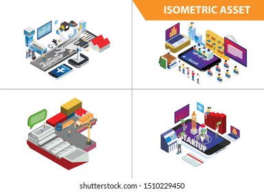 Modern 3d Isometric Set collection  Smart Expedition Technology Illustration in White Isolated Background With People and Digital Related Asset