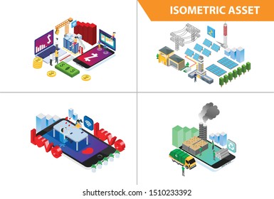 Modern 3d Isometric Set collection  Smart Industrial Technology Illustration in White Isolated Background With People and Digital Related Asset