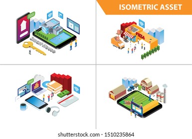 Modern 3d Isometric Set collection  Smart House Internet Of Things Integration Technology Illustration in White Isolated Background With People and Digital Related Asset
