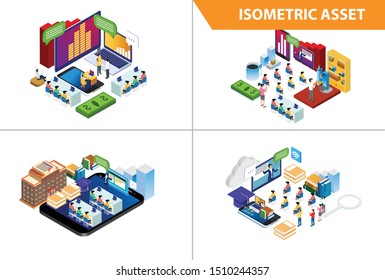 Modern 3d Isometric Set collection  Smart Online Learning Technology Illustration in White Isolated Background With People and Digital Related Asset