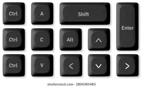  Modern 3D keyboard buttons isolated on white background. Vector realistic illustration of black keycaps top view, personal computer control set, pc hardware, desktop design elements