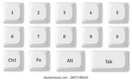  Modern 3D keyboard buttons isolated on background. Vector realistic illustration of white keycaps top view, personal computer control set, pc hardware, desktop design elements