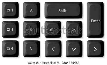  Modern 3D keyboard buttons isolated on white background. Vector realistic illustration of black keycaps top view, personal computer control set, pc hardware, desktop design elements