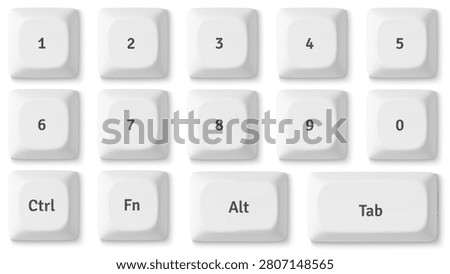  Modern 3D keyboard buttons isolated on background. Vector realistic illustration of white keycaps top view, personal computer control set, pc hardware, desktop design elements