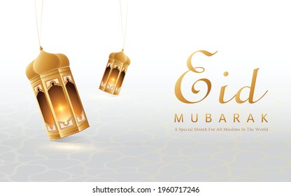Modern 3D lantern banner, perfect for Ramadan, Eid al-Adha, and Mawlid. The Lantern Decoration is lit Against a Serene White Background.