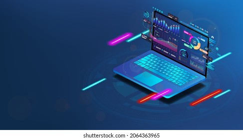 Modern 3D laptop with financial analytics and business infographics and business dashboard elements on the screen. Investments, trade, data analytic and infographics. Business online concept. Vector
