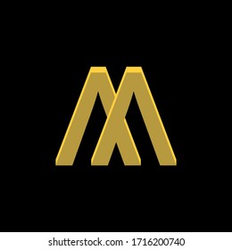 Modern 3D Letter M Logo in gold color and black background