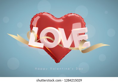 Modern 3d letters. The word love. Pink heart-shaped balloon. Vector holiday illustration on a transparent background. Happy Valentine's Day