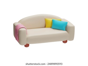 Modernes 3D hellrosa Sofa mit bequemen Kissen, karierten und hölzernen Beinen auf weißem Hintergrund. Vektorgrafik Elemente für mehr Eleganz im Innendesign