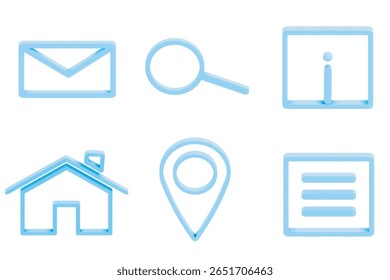 Modern 3D Line Icon Set featuring six essential web interface symbols in blue. Home, location pin, magnifying glass search, email envelope, information icon, and menu navigation panel. Isolated.