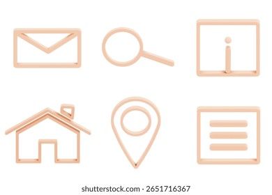 Moderno conjunto de iconos de línea 3D con seis símbolos de interfaz de Web esenciales en coral. Inicio, pin de ubicación, búsqueda con lupa, sobre de correo electrónico, icono de información y panel de navegación del menú. Aislado.