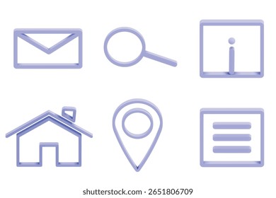 Modern 3D Line Icon Set featuring six essential web interface symbols in purple. Home, location pin, magnifying glass search, email envelope, information icon, and menu navigation panel. Isolated.