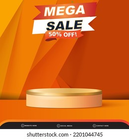 modern 3d mega sale banner social media template post with blank space 3d podium for product with abstract gradient orange and yellow background design