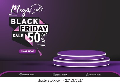modern 3d mega sale black friday sale discount template banner with blank space 3d podium for product sale with abstract gradient black and purple background design