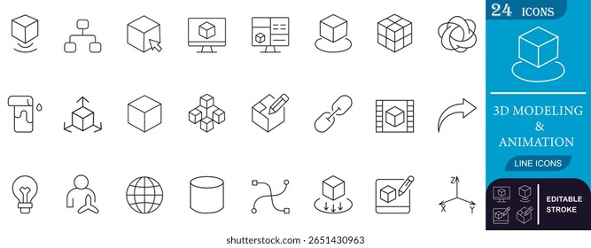 Modern 3D Modeling and  Animation line icons. Perfect for UI,UX, software, and creative design projects. Includes tools for rendering, development, and more. Editable vector stroke.