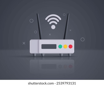 Moderner 3D-Modem-Router mit Wi-Fi-Symbol auf grauem Hintergrund mit geometrischen Formen. Vektorgrafik.