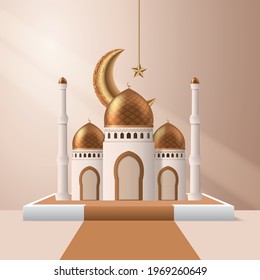 Modern 3d mosque on podium for Ramadan Kareem and Eid Mubarak banner with gold crescent moon and star on pink shadow overlay background. vector illustration
