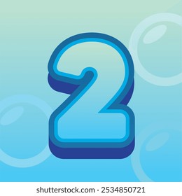 A modern 3D number 2 icon with a blue gradient effect and floating bubbles, set against a light teal background. Ideal for digital designs, banners, or app interfaces.