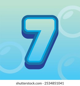 A modern 3D number 7 icon with a blue gradient effect and floating bubbles, set against a light teal background. Ideal for digital designs, banners, or app interfaces.