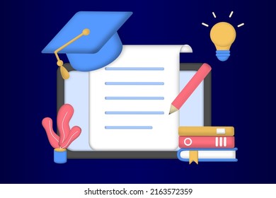 Modern 3D Online Education for banner website. Page template vector illustration of e-learning, internet course, application learning, university studies, classroom, tutorial, library on computer.