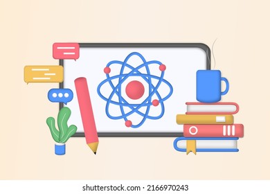 Modern 3D Online Education for banner website. Page template vector illustration of e-learning, internet course, application learning, university studies, classroom, tutorial, library on computer.