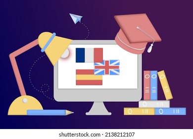 Modern 3D Online Languages Learning Class, Language Courses Banner Template For Website And Mobile App Development. Literal Translation, Personal Assistant, E-learning Concept. Vector Illustration.