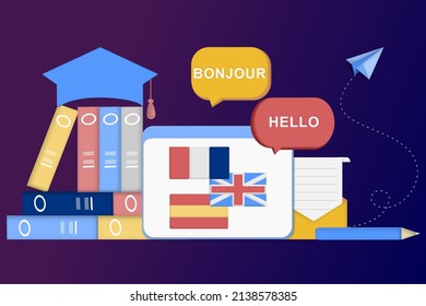 Modern 3D online languages learning class, language courses banner template for website and mobile app development. Literal translation, language assistant, e-learning concept. Vector illustration.