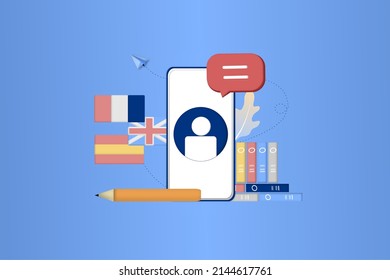 Modern 3D online languages learning class, language courses banner template for website and mobile app development. Literal translation, language assistant, e-learning concept. Vector illustration.
