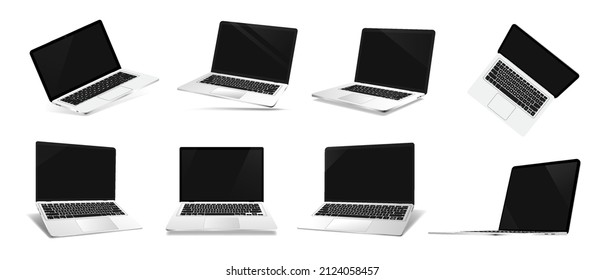 Modern 3D open laptops mockups. Great set realistic 3D notebooks for online presentations. Laptops in different angles with blank screen template. Realistic perspective gadgets, blank screen. Vector